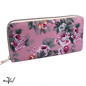 Pink Rose Print Zip Wallet Clutch Easy to Hold and Carry 8 x4" - Hey Viv